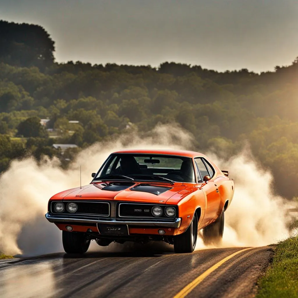 Prompt: Dodge charger 1975, Epic chase, high speed, drift, wet road, bright sun