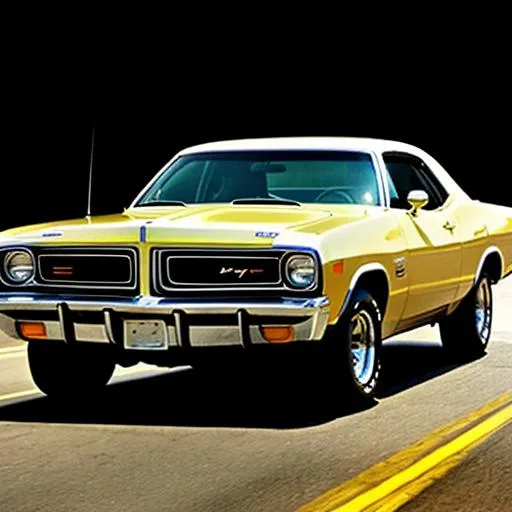 Prompt: Dodge 1975, driving, lights on