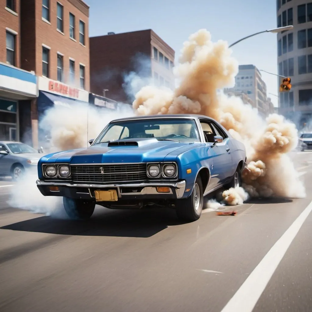 Prompt: Car, driving fast, hitting other cars, chase, smoke, destruction