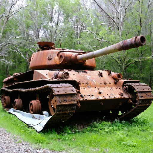 Prompt: Tank, rusty, damaged, abandoned 