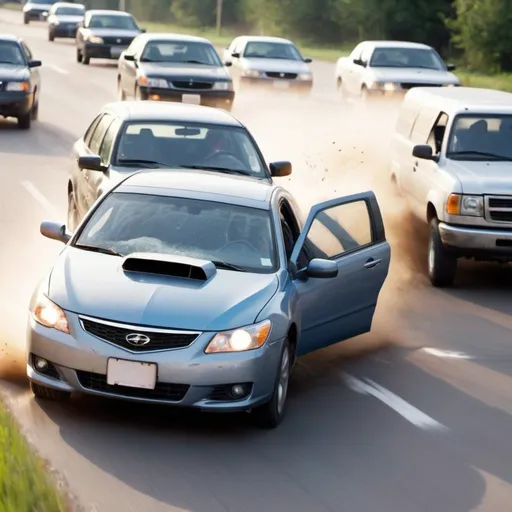 Prompt: Car, driving fast, crashing against other cars, chase