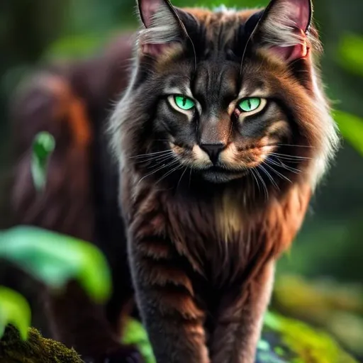 Prompt: realistic dark ginger tomcat with green eyes and long fur in a forest