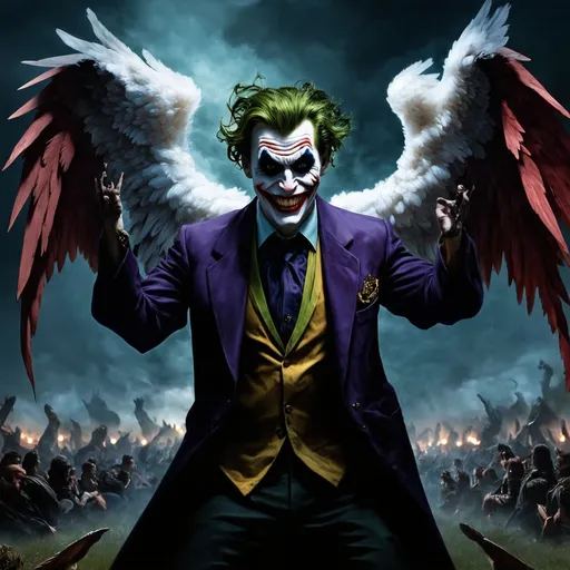 Prompt: (Joker with angel and demon wings), (intricate details), (contrasting traits), mischievous grin, dramatic expression, representing chaos and order, (deep color contrast), ethereal glow against darkness, (high-quality), (ultra-detailed), background of a surreal battlefield, blending light and shadow to enhance the duality of characters.