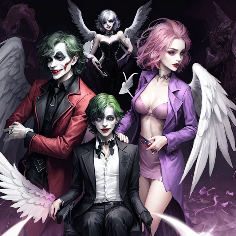 Prompt: Joker with angel and demon traits