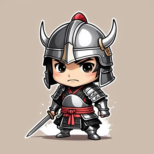 Prompt: Create in simple 2d chibi hand drawn art of a samurai knight with a helmet that covers his face

