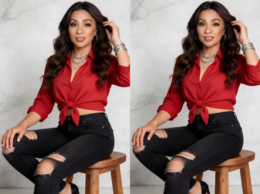 Prompt: A confident young woman sitting on a wooden stool in a studio setting, long wavy dark brown hair, warm natural makeup, wearing silver hoop earrings and layered silver necklaces, a red button-up shirt tied at the waist showing a slight midriff, fitted black ripped jeans, stylish bracelets, relaxed pose with one hand touching her hair and the other resting on her knee, soft smile, neutral marble background, professional studio lighting, high fashion portrait, ultra realistic, sharp focus, 85mm lens, shallow depth of field, editorial style photography
Style: photorealistic, fashion editorial
a full-body fashion photoshoot
Lighting: softbox lighting, soft shadows
Camera: 85mm portrait lens, f/2.0
Quality tags: ultra detailed, 8k, high resolution
