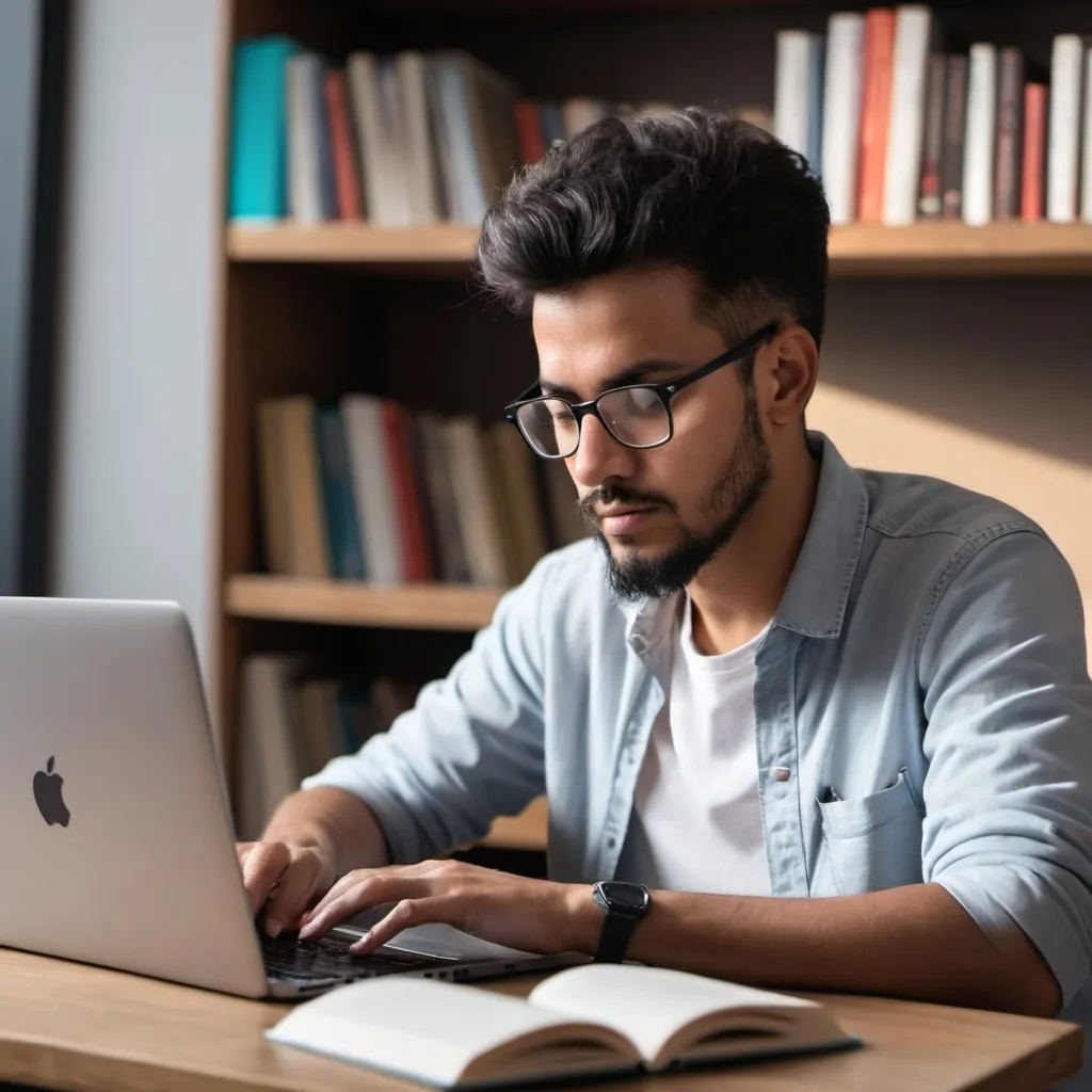 Prompt: : A freelancer working diligently on a skill development course on a laptop, with books or online tutorials in the background.