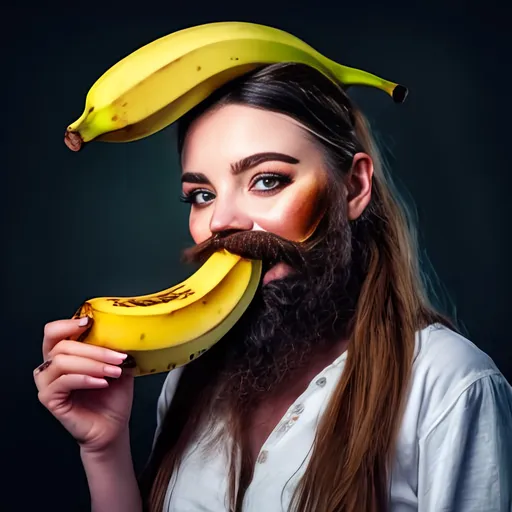 Prompt: Photo of a female beautiful incredibly bearded woman with banana on head. Heavy makeup. Bushy long beard. UHD. HDR. 