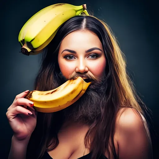 Prompt: Photo of a female beautiful incredibly bearded woman with banana on head. Heavy makeup. Bushy long beard. UHD. HDR. 