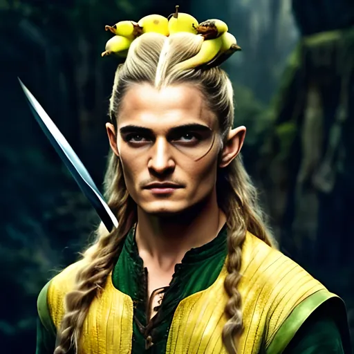 Prompt: Photo of a Orlando Bloom Legolas with banana on head. Heavy makeup. UHD. HDR. 