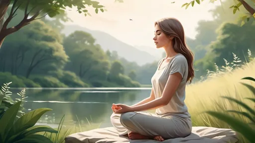 Prompt: (illustration) a serene person in an upright sitting meditation pose, legs crossed, hands resting gently on their knees, peaceful expression, tranquil ambiance, soft light filtering through, muted colors enhancing calmness, a peaceful outdoors setting with gentle greenery in the background, subtle details of nature around, ultra-detailed, HD quality.
