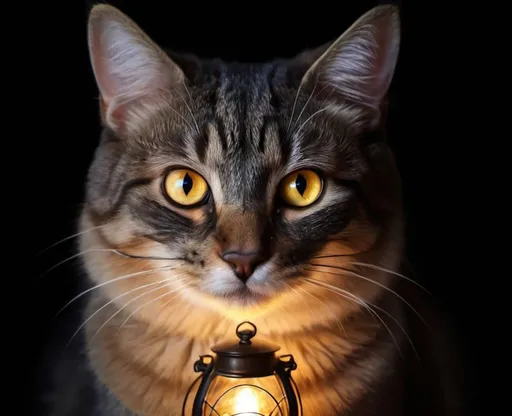 Prompt: Gato malhado no escuro com os olhos brilhando como estrela pela luz de uma lanterna
