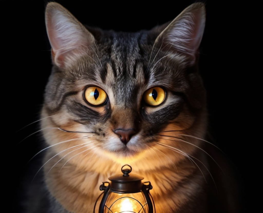 Prompt: Gato malhado no escuro com os olhos brilhando como estrela pela luz de uma lanterna