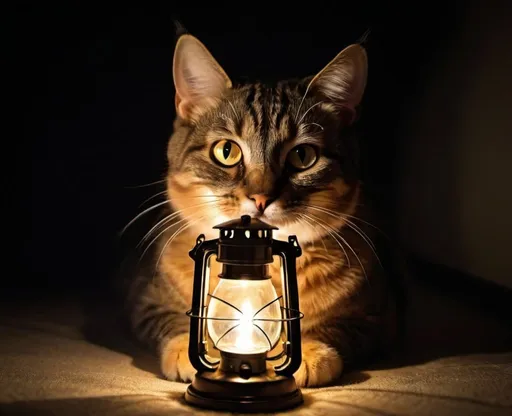 Prompt: Gato malhado no escuro com os olhos brilhando como estrela pela luz de uma lanterna