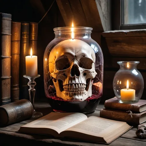 Prompt: A skull inside a large glass jar filled with wine, on an old wooden table with a wine glass next to it, a collection of old books and a lit candle, inside a mysterious basement with spider webs hanging from the sides, atrograph, family portrait, close up