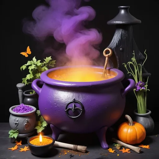 Prompt: Create a magical scene of a boiling cauldron surrounded by mysterious ingredients in a dimly lit witch's cottage. Use shades of purple, green, black, yellow and orange to bring the scene to life. The design is isolated on a white background.