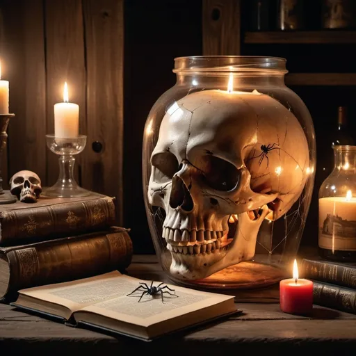 Prompt: A skull inside a large glass jar filled with wine, on an old wooden table with a wine glass next to it, a collection of old books and a lit candle, inside a mysterious basement with spider webs hanging from the sides, atrograph, family portrait, close up