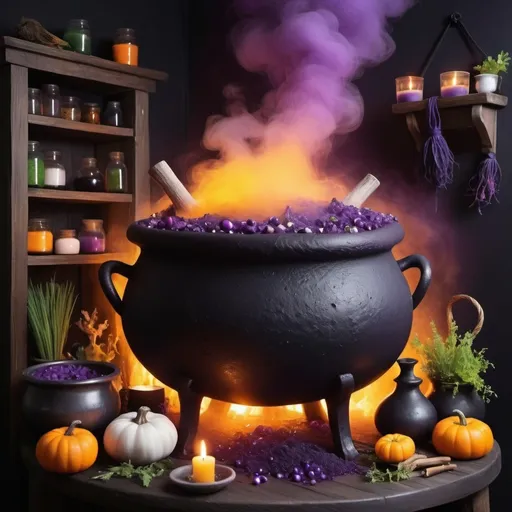 Prompt: Create a magical scene of a boiling cauldron surrounded by mysterious ingredients in a dimly lit witch's cottage. Use shades of purple, green, black, yellow and orange to bring the scene to life. The design is isolated on a white background.