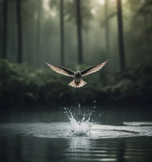 Prompt: Bosque con profundidad 
En el centro de la imagen un pajarito volando por enzima de un lago salpicando agua y que se vea con detalle el pajarito 