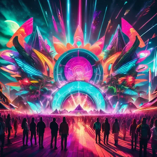 Prompt: Psytrance music festival in a vibrant psychedelic landscape, high-tech LED visuals, energetic crowd in colorful attire, futuristic stage with holographic projections, laser lights illuminating the night sky, 3D rendered, vibrant colors, energetic atmosphere, futuristic, neon lights, vibrant crowd, LED visuals, high-tech stage