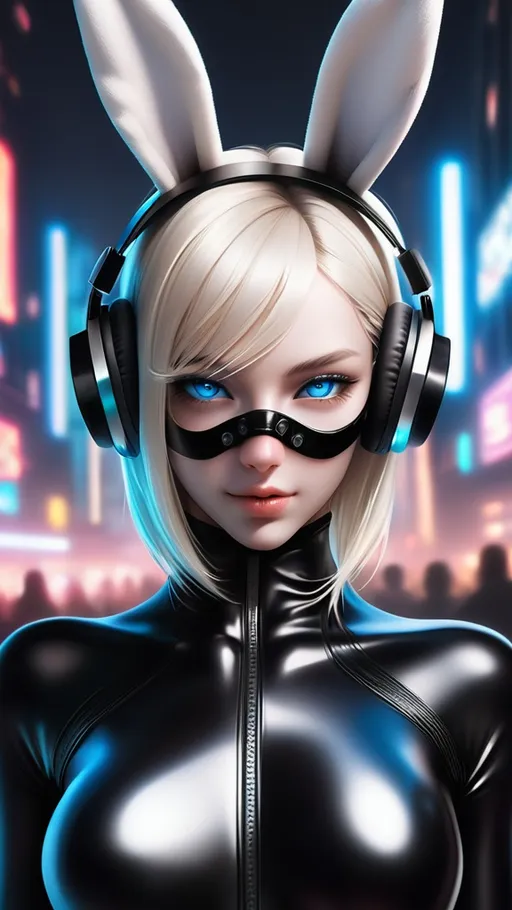 Prompt: A futuristic female DJ with shoulder-length platinum blonde hair, beautiful blue eyes, eastern European face, wearing a sleek black bodysuit with a glossy finish. She wears a unique leather mask inspired by a rabbit's face, paired with stylish white headphones featuring a bunny ear design. The atmosphere is lively and dynamic, emphasizing the energetic nightlife or the urban atmosphere of a metropolitan city. Her overall style combines elegance, mystery, and a modern DJ aesthetic with a creative twist, 8K