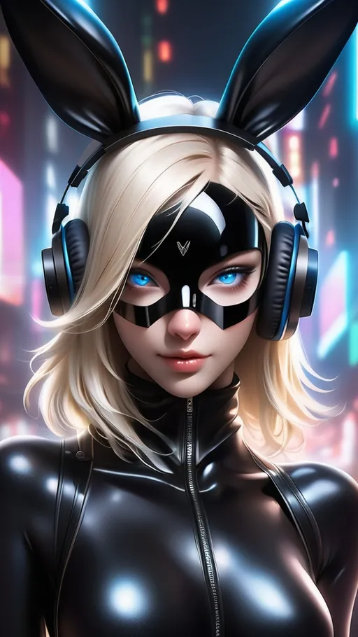 Prompt: A futuristic female DJ with shoulder-length platinum blonde hair, beautiful blue eyes, eastern European face, wearing a sleek black bodysuit with a glossy finish. She wears a unique leather mask inspired by a rabbit's face, paired with stylish white headphones featuring a bunny ear design. The atmosphere is lively and dynamic, emphasizing the energetic nightlife or the urban atmosphere of a metropolitan city. Her overall style combines elegance, mystery, and a modern DJ aesthetic with a creative twist, 8K