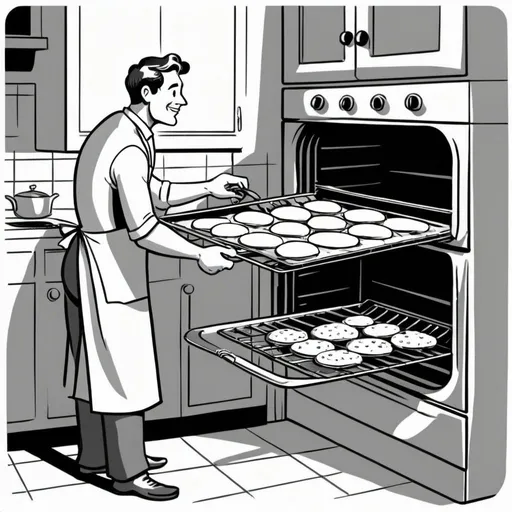 Prompt: male person baking on the oven old fashioned as brand cartoon