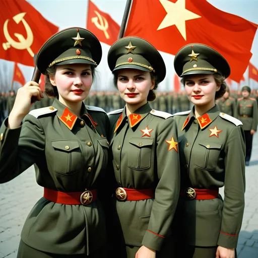 Prompt: Soviet women wear army uniform the communist star or hammer and sickle