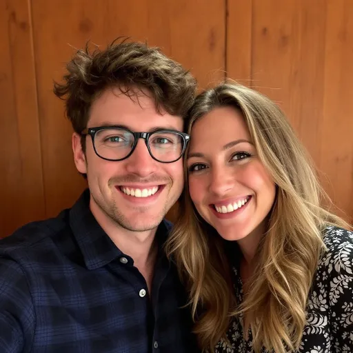 Prompt: With warm smiles, two individuals pose closely together, radiating happiness against a backdrop of wooden paneling. The person on the left, with glasses and tousled hair, dons a dark blue plaid shirt, while the individual on the right sports a patterned black and white blouse with flowing hair that frames her face softly. Their expressions convey a sense of joy and camaraderie, suggesting a moment of celebration or friendship. The lighting is soft, enhancing the cozy atmosphere, while the subtly blurred background reads as casual and inviting, contributing to the intimate feel of the photo.