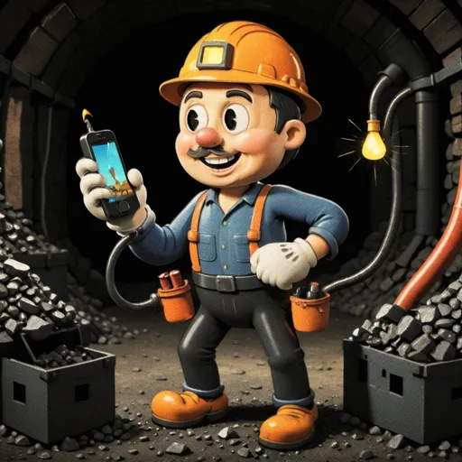 Prompt: A miner that works with his phone in mine