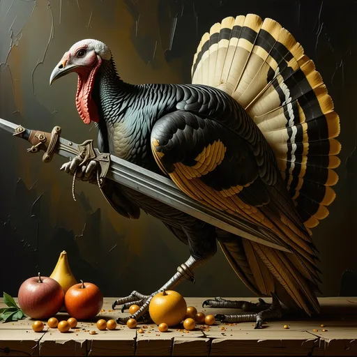 Prompt: Turkey being carved by a longsword