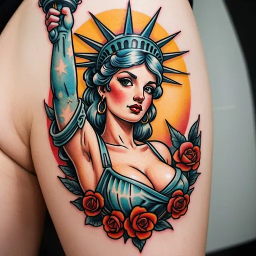 Prompt: American traditional style tattoo of the statue of liberty as a pin-up girl 
