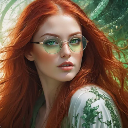 Prompt: a close up of a woman with long red hair and green eyes, glasses,  karol bak uhd, beautiful art uhd 4 k, beautiful fantasy art portrait, beautiful gorgeous digital art, beautiful fantasy portrait, fantasy art portrait, gorgeous digital art, beautiful digital art, beautiful digital artwork, very beautiful digital art, fantasy portrait art, gorgeous digital painting