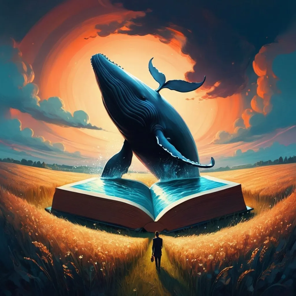 Prompt: A painting by a whale and a person in a field, an illustration of a fairytale book by Cyril Rolando, RT, magical realism, illustration of the book of fairy tales, sense of reverential fear, delegated painting