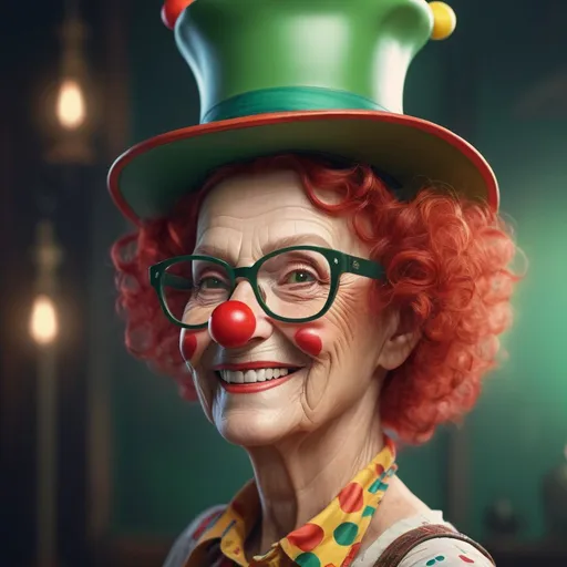 Prompt: A close to a 78 -year -old woman, shorts, glasses lowered on the nose, smiling, with red hair, curls and green eyes, glasses, in profile, clown hat, style Bryce 3D, beautiful art UHD 4 K, beautiful portrait of art Fantasy, splendid splendid splendid digital art, beautiful portrait of fantasy, portrait of fantasy art, splendid digital art, beautiful digital art, beautiful digital work of art, very beautiful digital art, fantasy art, splendid digital art, splendid digital painting