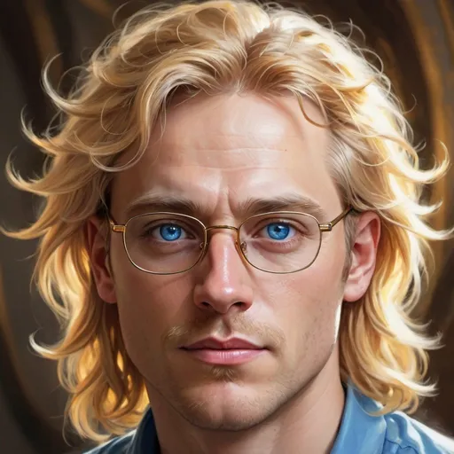 Prompt: A painting by a man with blue eyes and golden hair, glasses, portrait of a beautiful God, splendid digital art, portrait of the God, splendid portrait for the face, close portrait of the God, a beautiful detailed face, detailed beauty portrait, beautiful portrait of art fantasy, splendid digital art,