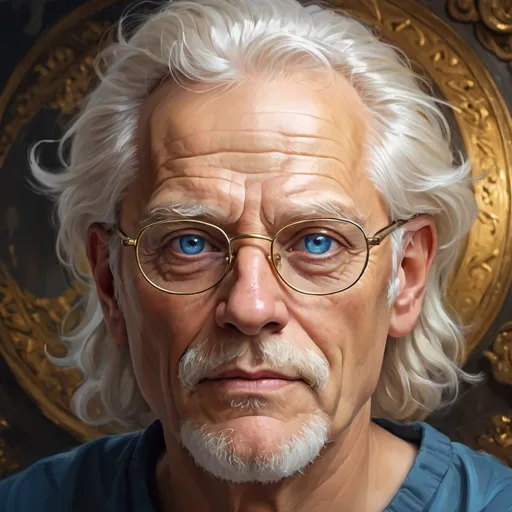 Prompt: A painting by a old man with blue eyes and golden hair, glasses, portrait of a beautiful God, splendid digital art, portrait of the God, splendid portrait for the face, close portrait of the God, a beautiful detailed face, detailed beauty portrait, beautiful portrait of art fantasy, splendid digital art,