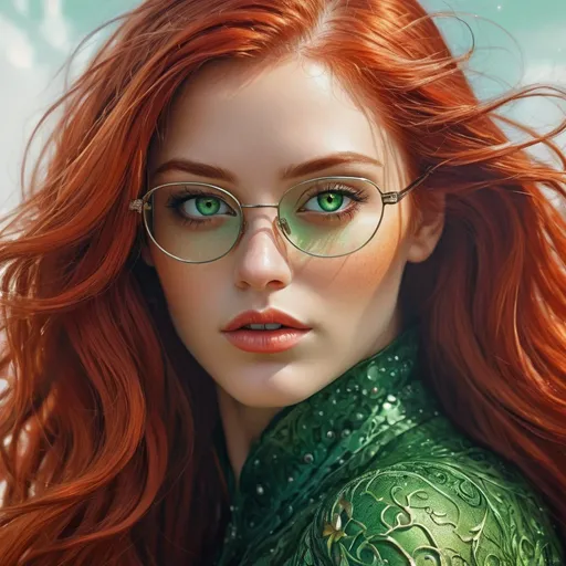 Prompt: a close up of a woman with long red hair and green eyes, glasses,  karol bak uhd, beautiful art uhd 4 k, beautiful fantasy art portrait, beautiful gorgeous digital art, beautiful fantasy portrait, fantasy art portrait, gorgeous digital art, beautiful digital art, beautiful digital artwork, very beautiful digital art, fantasy portrait art, gorgeous digital painting