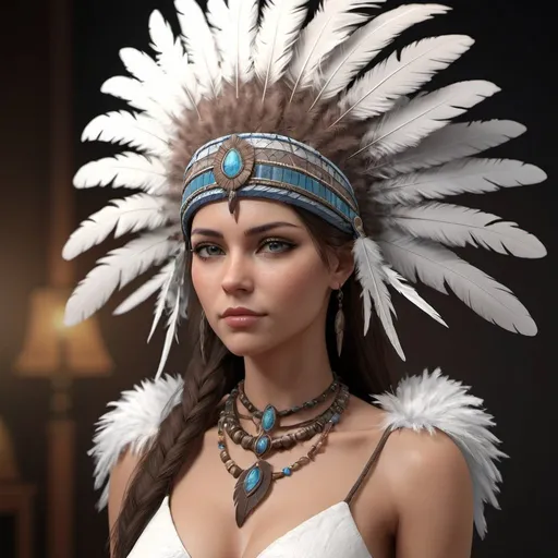 Prompt: a woman wearing a headdress made of feathers, computer graphics by Glennray Tutor, cgsociety, fantasy art, daz3d, artstation hd, made of feathers