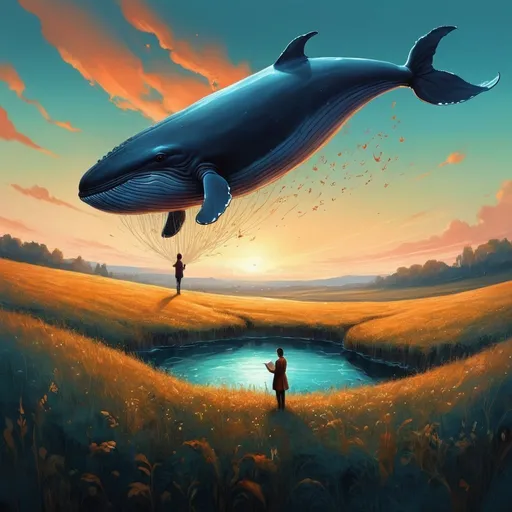 Prompt: A painting by a whale and a person in a field, an illustration of a fairytale book by Cyril Rolando, RT, magical realism, illustration of the book of fairy tales, sense of reverential fear, delegated painting