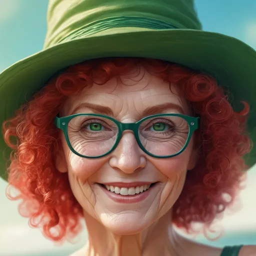 Prompt: a close up of a 78 -year -old woman, , shorts, glasses lowered on the nose, smiling ,with curly hats red hair and green eyes, glasses,  karol bak uhd, beautiful art uhd 4 k, beautiful fantasy art portrait, beautiful gorgeous digital art, beautiful fantasy portrait, fantasy art portrait, gorgeous digital art, beautiful digital art, beautiful digital artwork, very beautiful digital art, fantasy portrait art, gorgeous digital painting