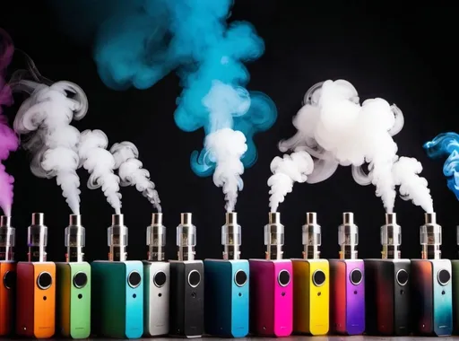 Prompt: a colourful image of vape devices with smoke