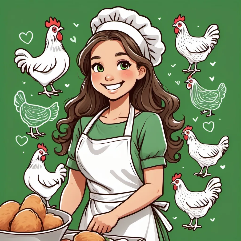 Prompt: Consistent doodle, 1girl, baker, apron, heart, chicken, smile, green background, long wavy hair