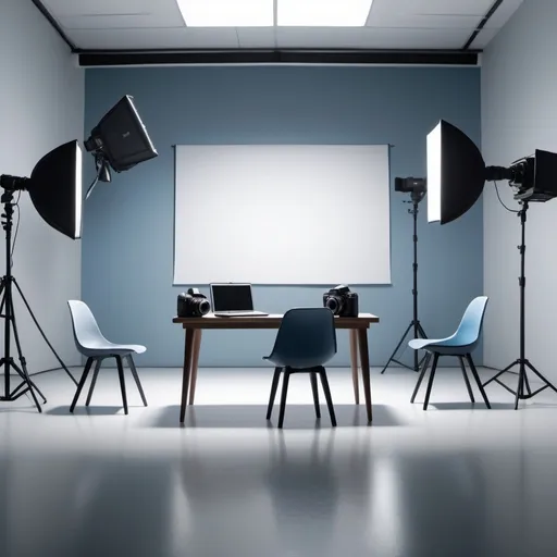 Prompt: A laptop sitting on a table in the middle of a video set with cameras, lighting, chairs against a white walled background