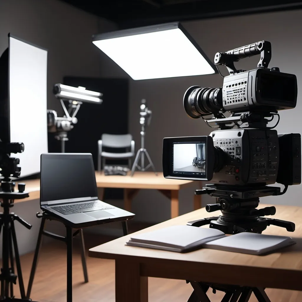 Prompt: A laptop sitting on a table in the middle of a video set with cameras, lighting the room will have an empty director's chair and an empty chair for an actort. the room will will have white walls