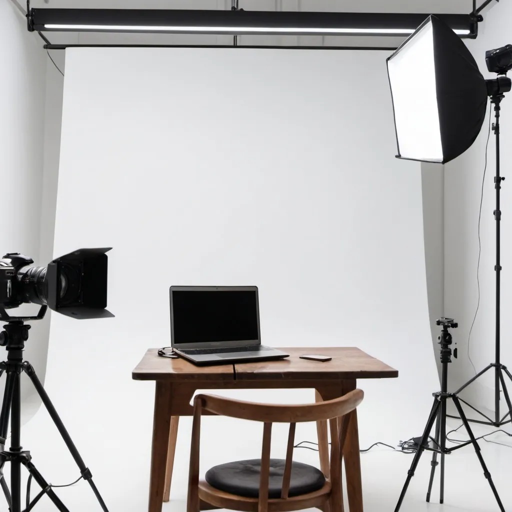 Prompt: A laptop sitting on a table in the middle of a video set with cameras, lighting, chairs against a white walled background