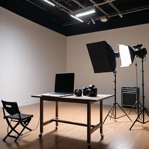 Prompt: A laptop sitting on a table in the middle of a video set with cameras, lighting the room will have an empty director's chair and an empty chair for an actort. the room will will have white walls