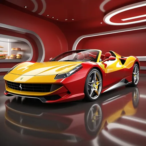 Prompt: Futuristic 3D rendering of a Ferrari-inspired hamburger, high-quality, ultra-detailed, glossy finish, sleek and modern design, vibrant red and yellow tones, dynamic lighting, chrome accents, luxury burger, sporty, high-tech, futuristic, 3D rendering, professional, artistic, high-end, futuristic design, dynamic lighting