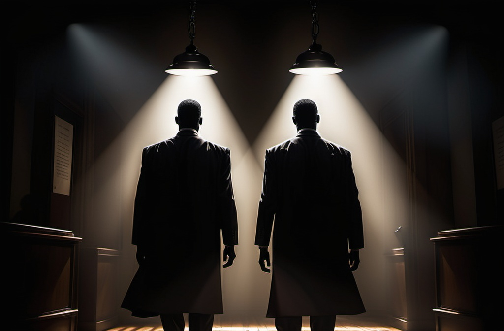 Prompt: (shadowy figure), (two floating name tags 'Oge Nkere' and 'Isaiah Anyaogu'), standing in a bright spotlight, dramatic contrast, sinister ambiance, looming shadows of two lawyers, deep shadows, mysterious atmosphere, suspenseful, cinematic lighting, high quality, ultra-detailed, tense mood, unfolding narrative, dark undertones, captivating visual storytelling. Let the text be prominent 