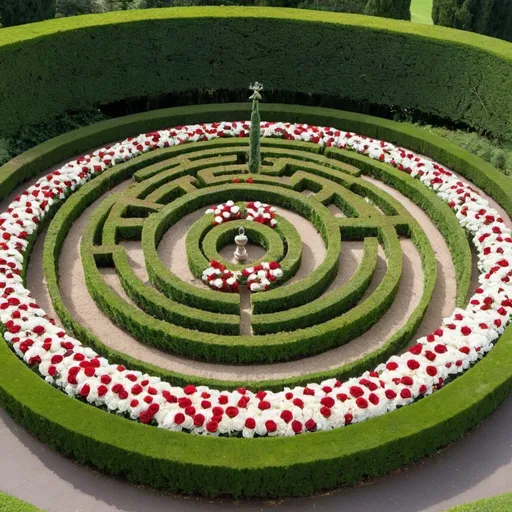 Prompt: A multi-tiered hedge in the form of a labyrinth consisting of thujas, boxwoods, red and white roses, in a park, with a pond in the middle

